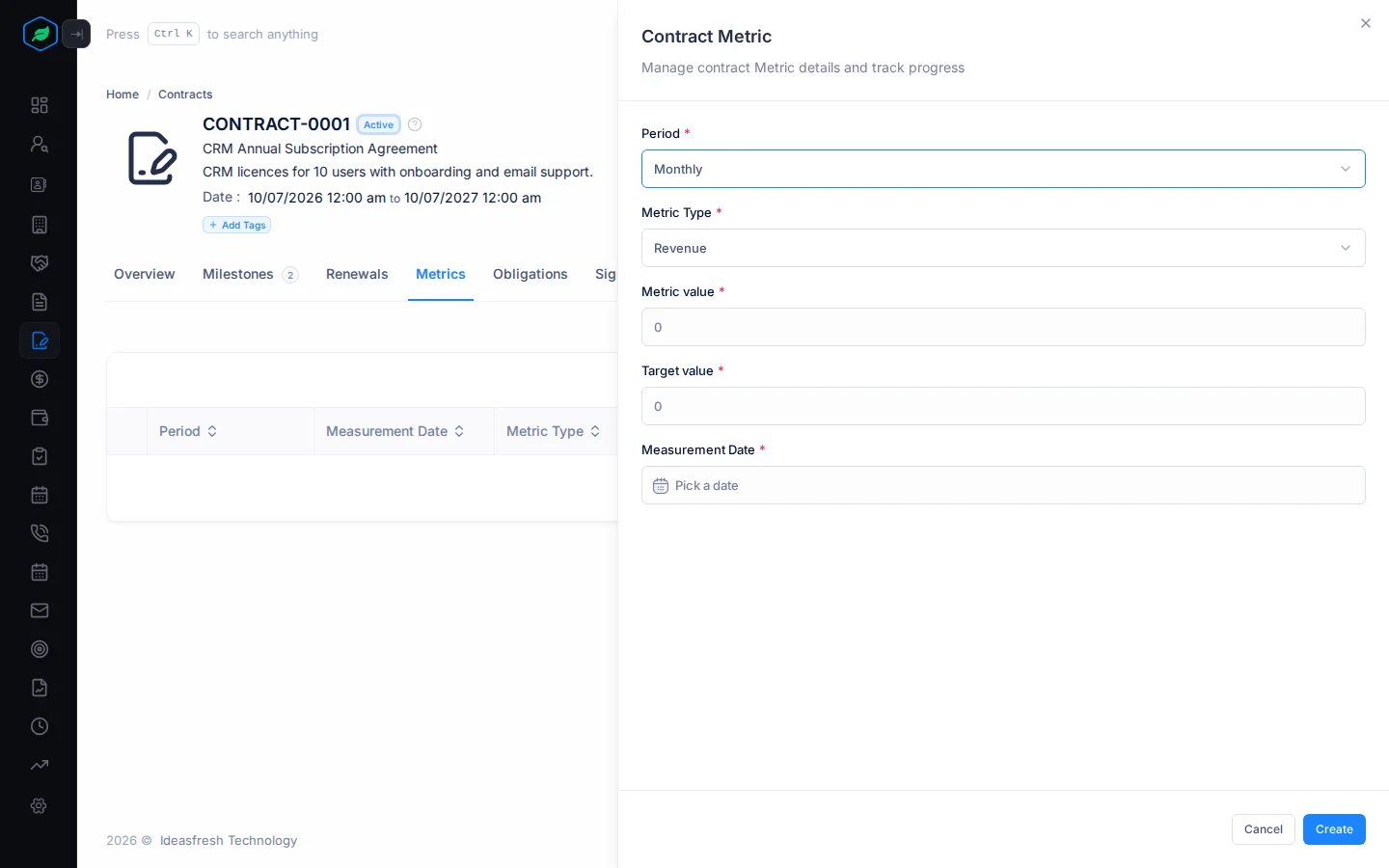 The Contract Metric panel with Period, Metric Type, the values and Measurement Date