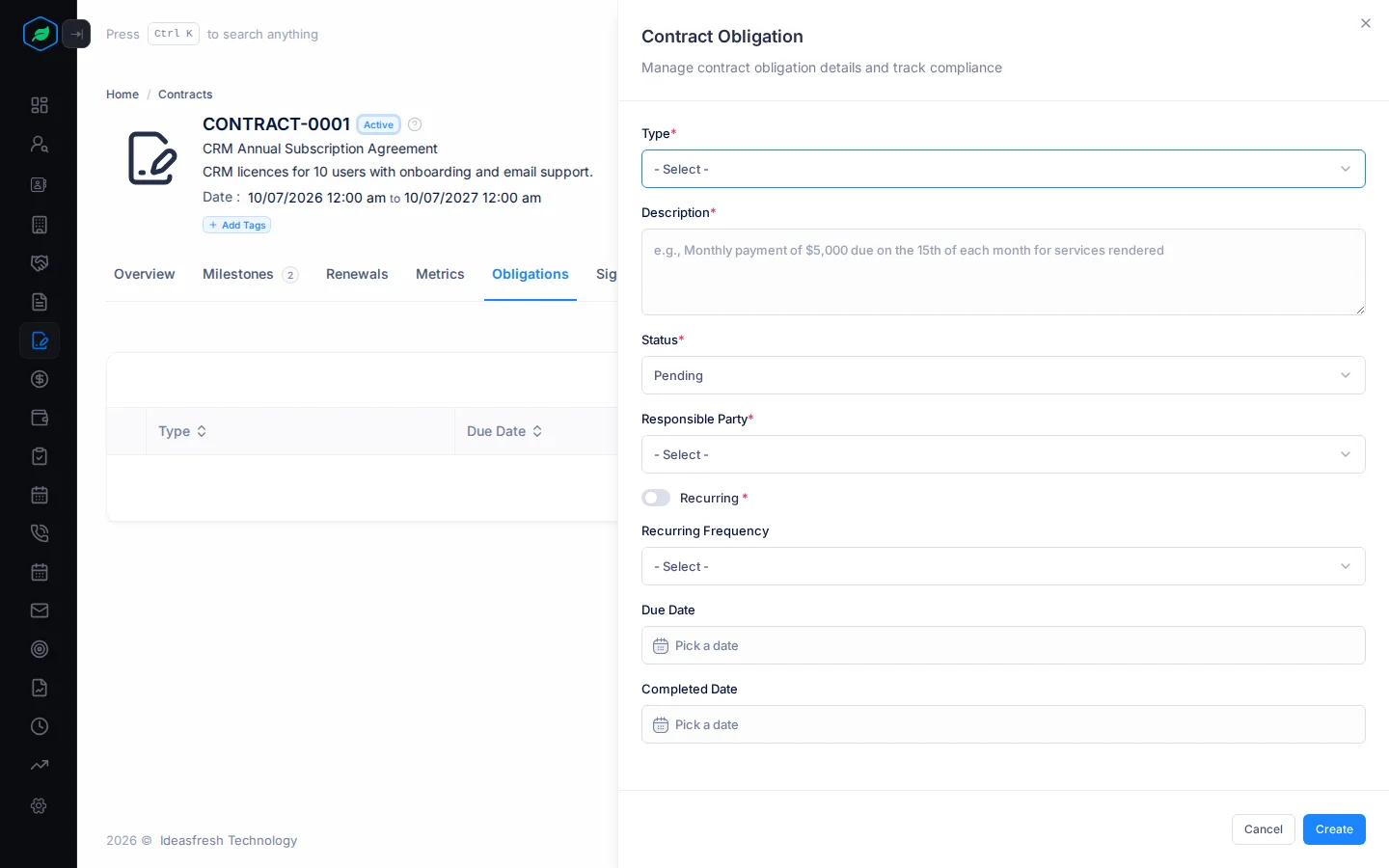 The Contract Obligation panel with Type, Description, Status, Responsible Party, Recurring and the dates