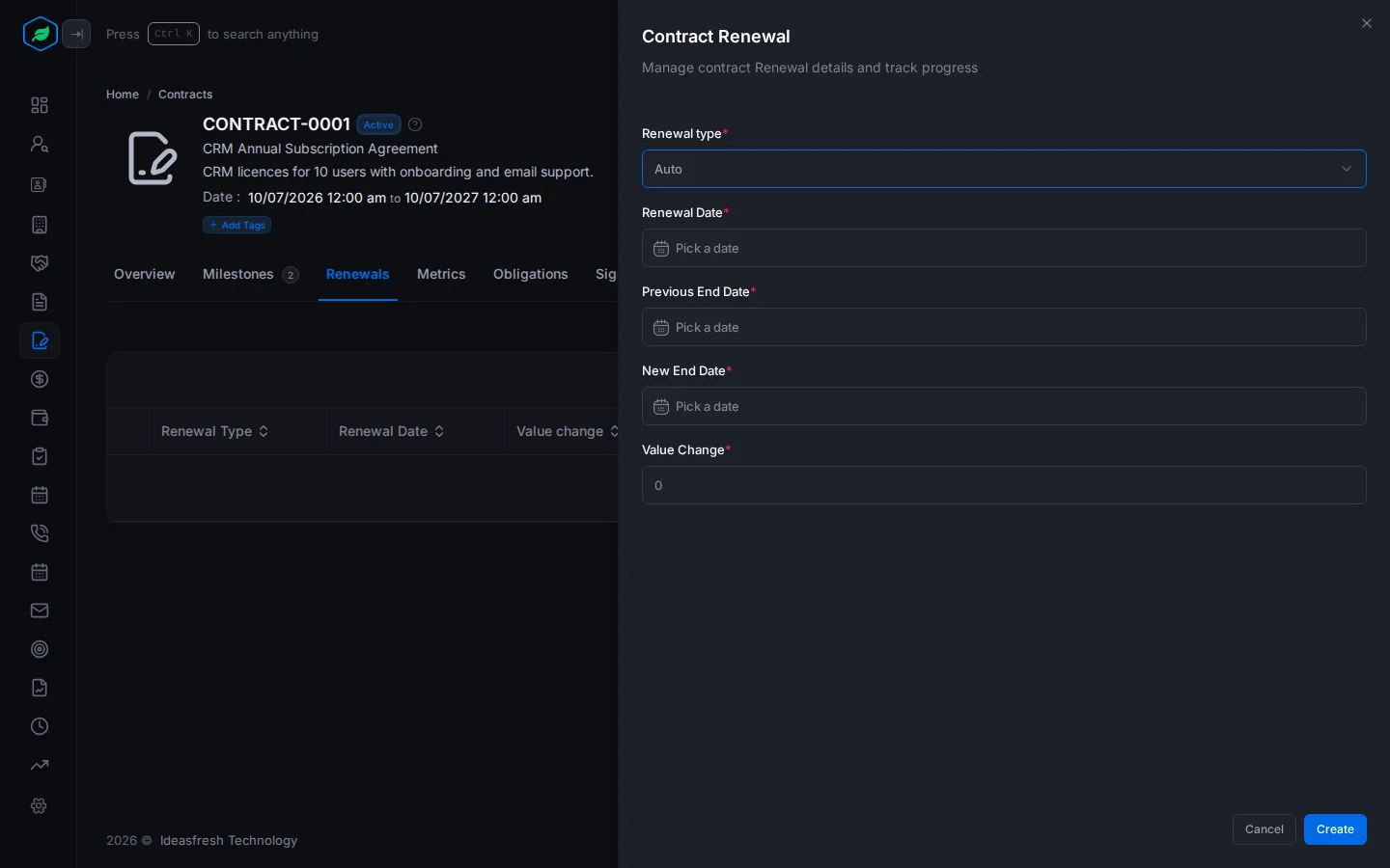 The Contract Renewal panel with Renewal type, Renewal Date, the old and new end dates and Value Change
