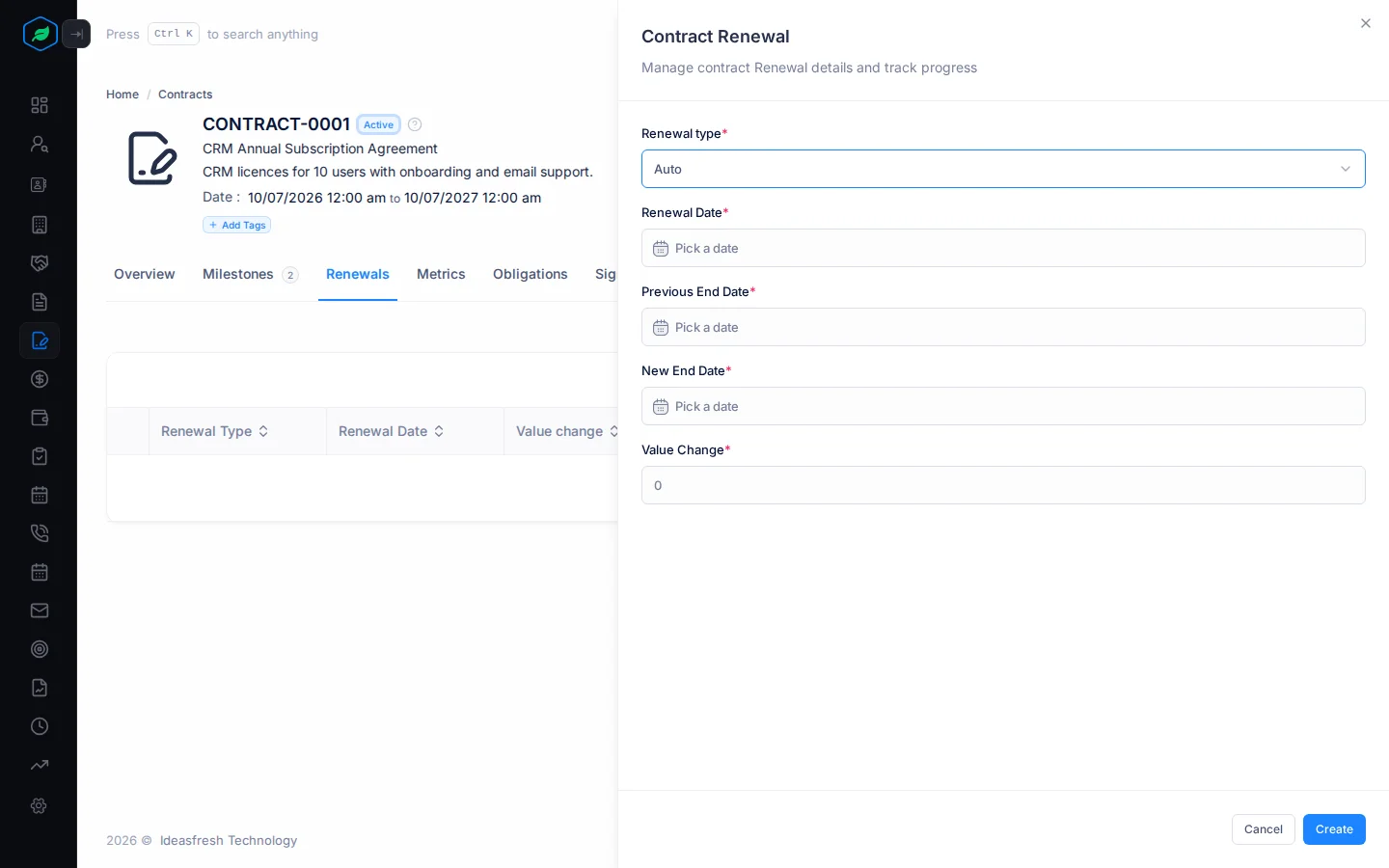The Contract Renewal panel with Renewal type, Renewal Date, the old and new end dates and Value Change