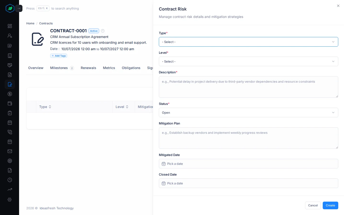The Contract Risk panel with Type, Level, Description, Status, Mitigation Plan and the dates