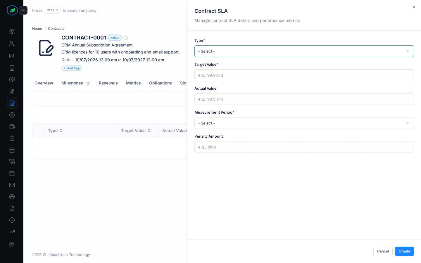 The Contract SLA panel with Type, Target Value, Actual Value, Measurement Period and Penalty Amount