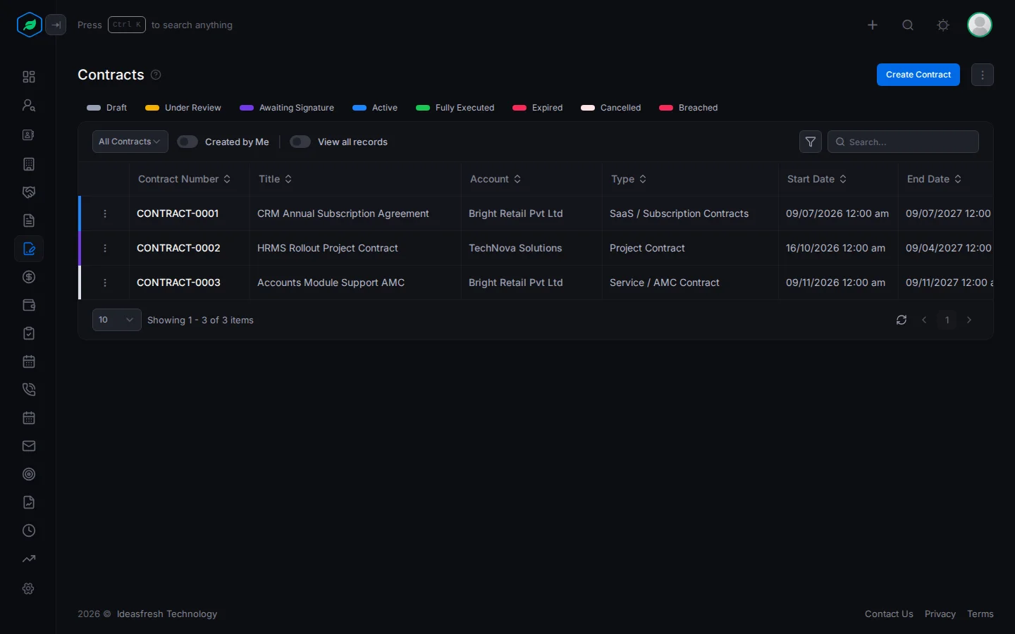 The Contracts page with the status legend, views, and columns for number, title, account, type and dates