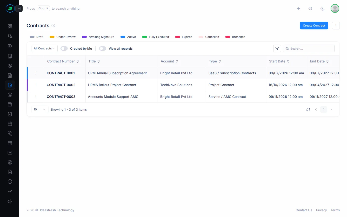 The Contracts page with the status legend, views, and columns for number, title, account, type and dates