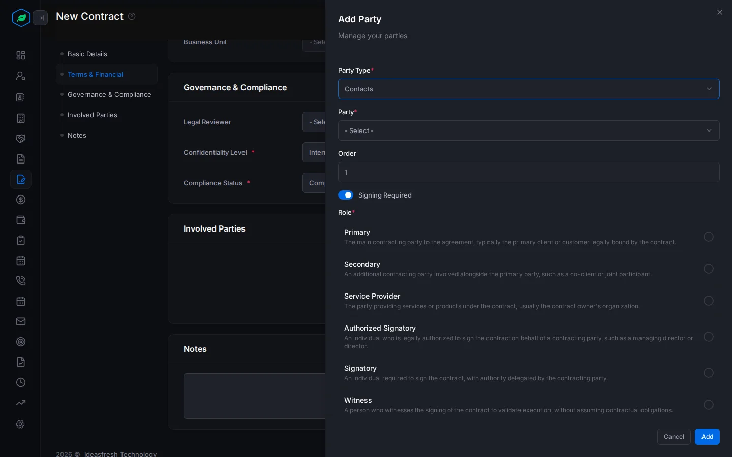 The Add Party panel with Party Type, Party, Order, the Signing Required switch and the list of roles