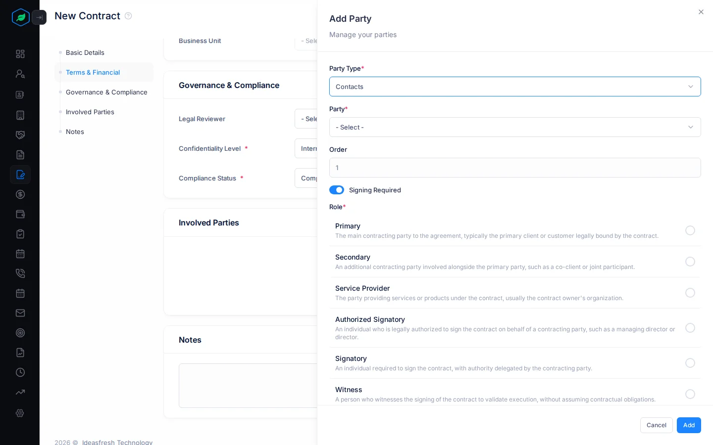 The Add Party panel with Party Type, Party, Order, the Signing Required switch and the list of roles
