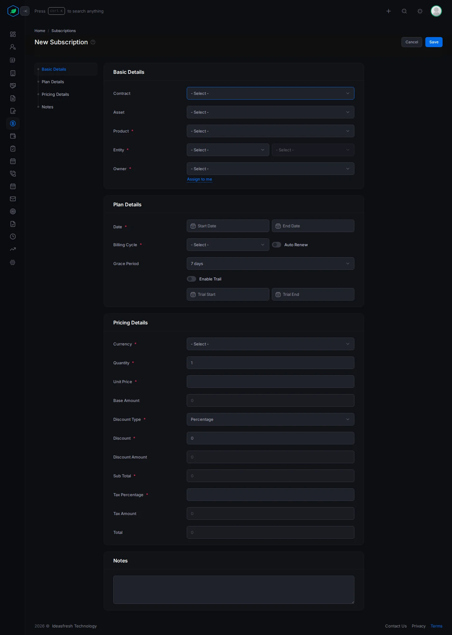 The whole New Subscription form: Basic Details, Plan Details, Pricing Details and Notes