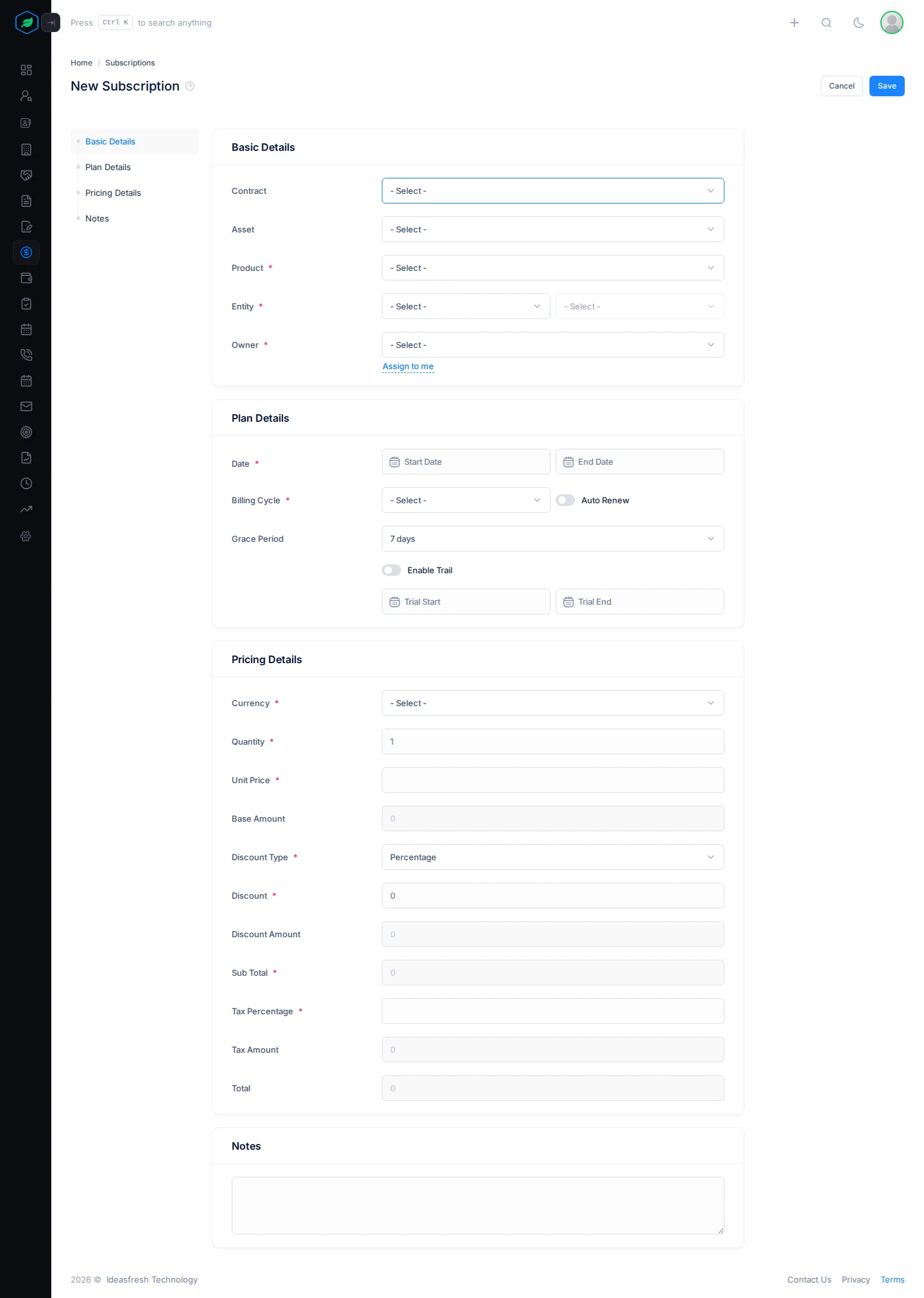 The whole New Subscription form: Basic Details, Plan Details, Pricing Details and Notes