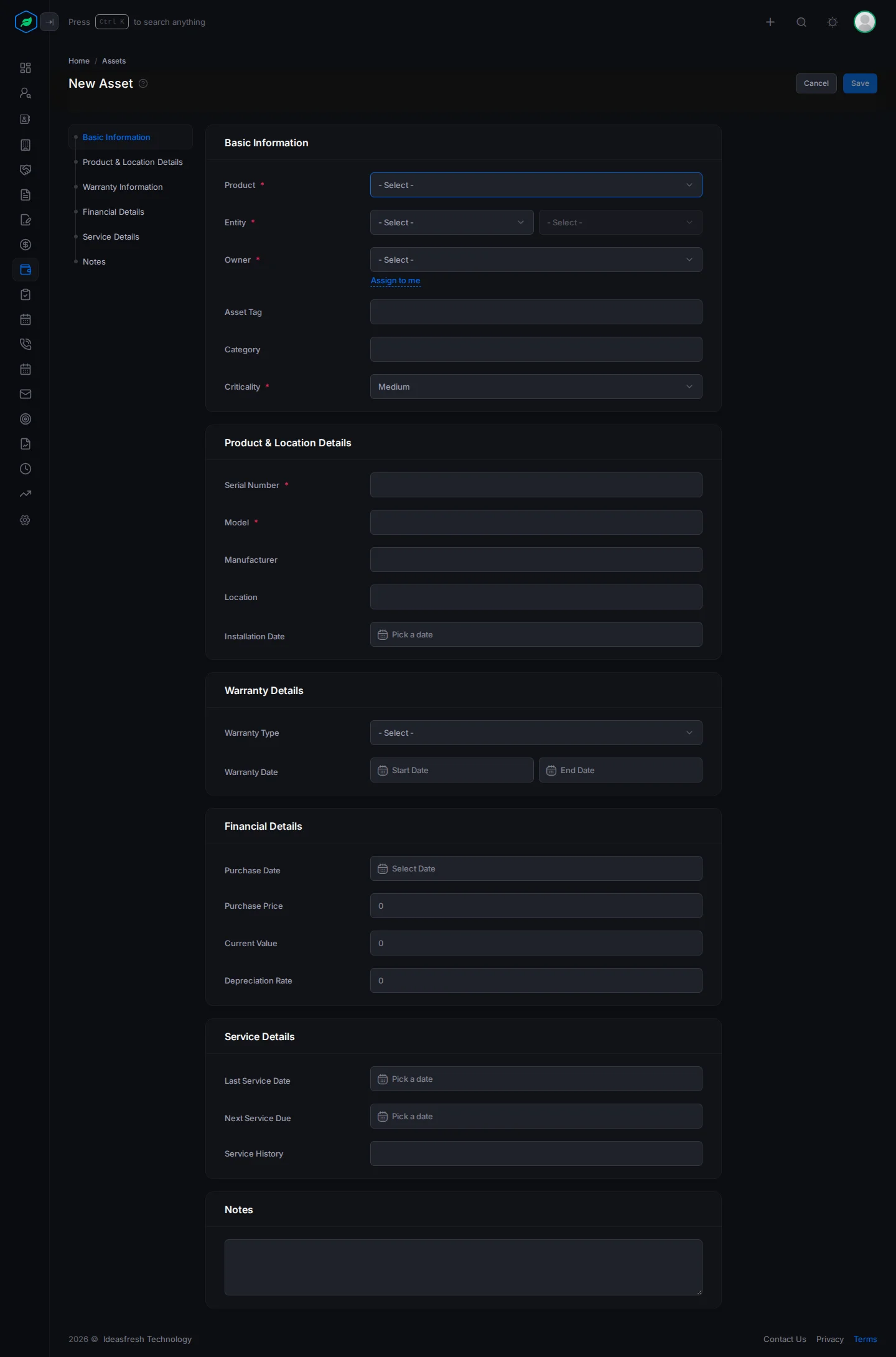 The whole New Asset form: Basic Information, Product & Location Details, Warranty Details, Financial Details, Service Details and Notes