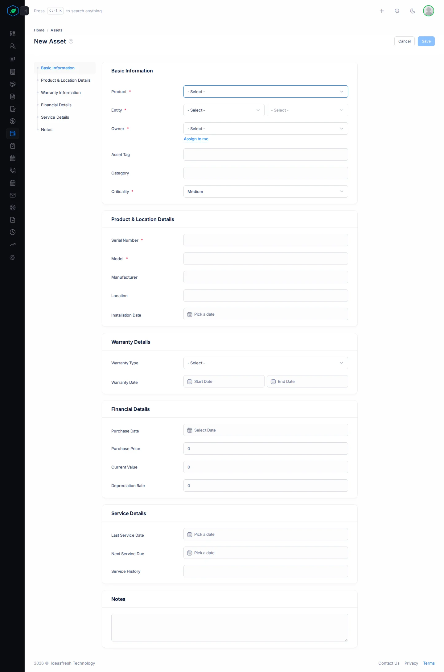 The whole New Asset form: Basic Information, Product & Location Details, Warranty Details, Financial Details, Service Details and Notes