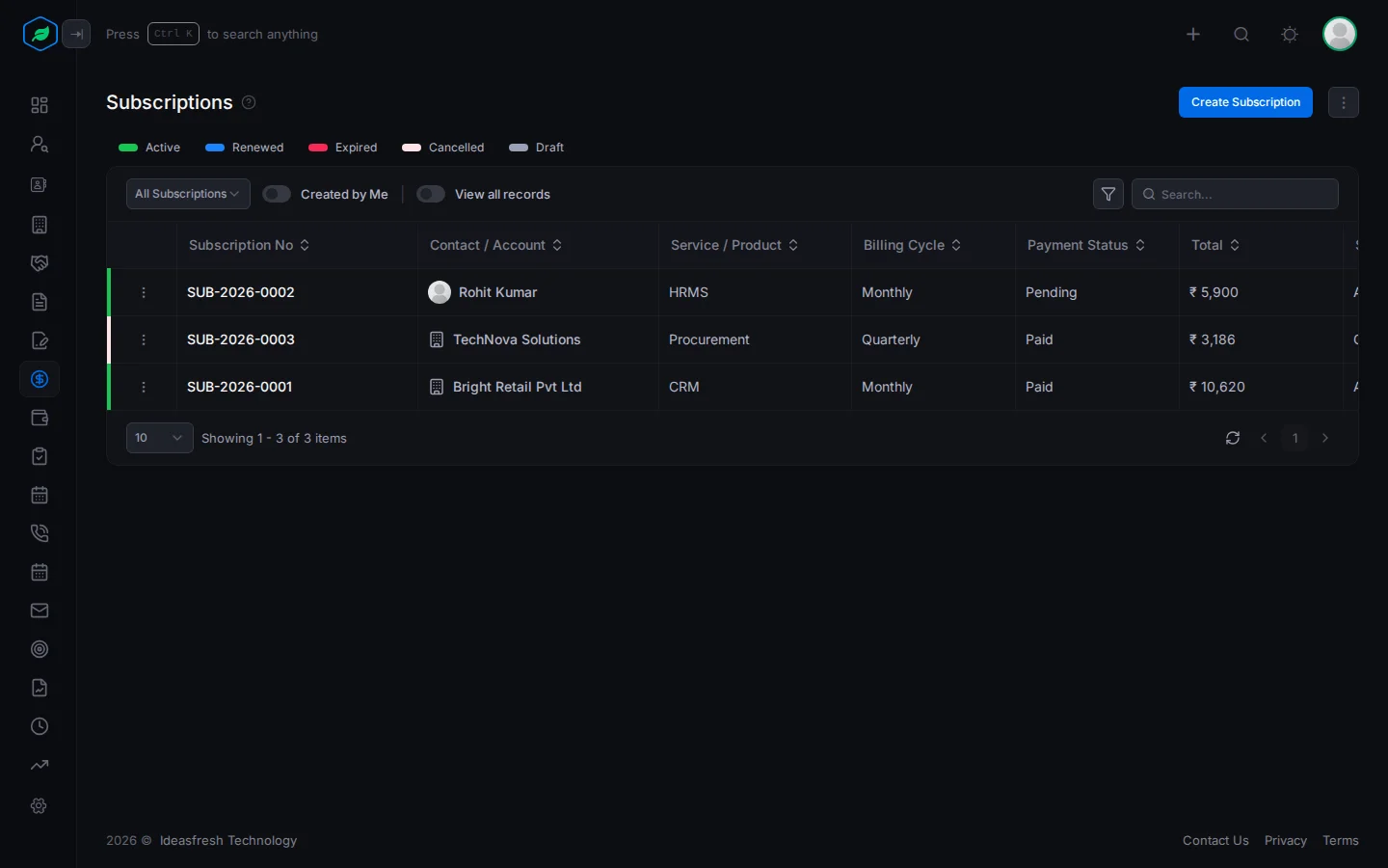 The Subscriptions page with the status chips and columns for number, customer, product, billing cycle and payment status
