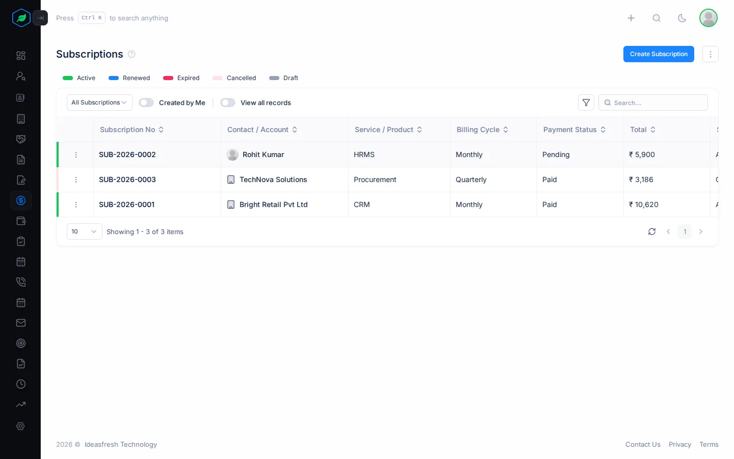 The Subscriptions page with the status chips and columns for number, customer, product, billing cycle and payment status