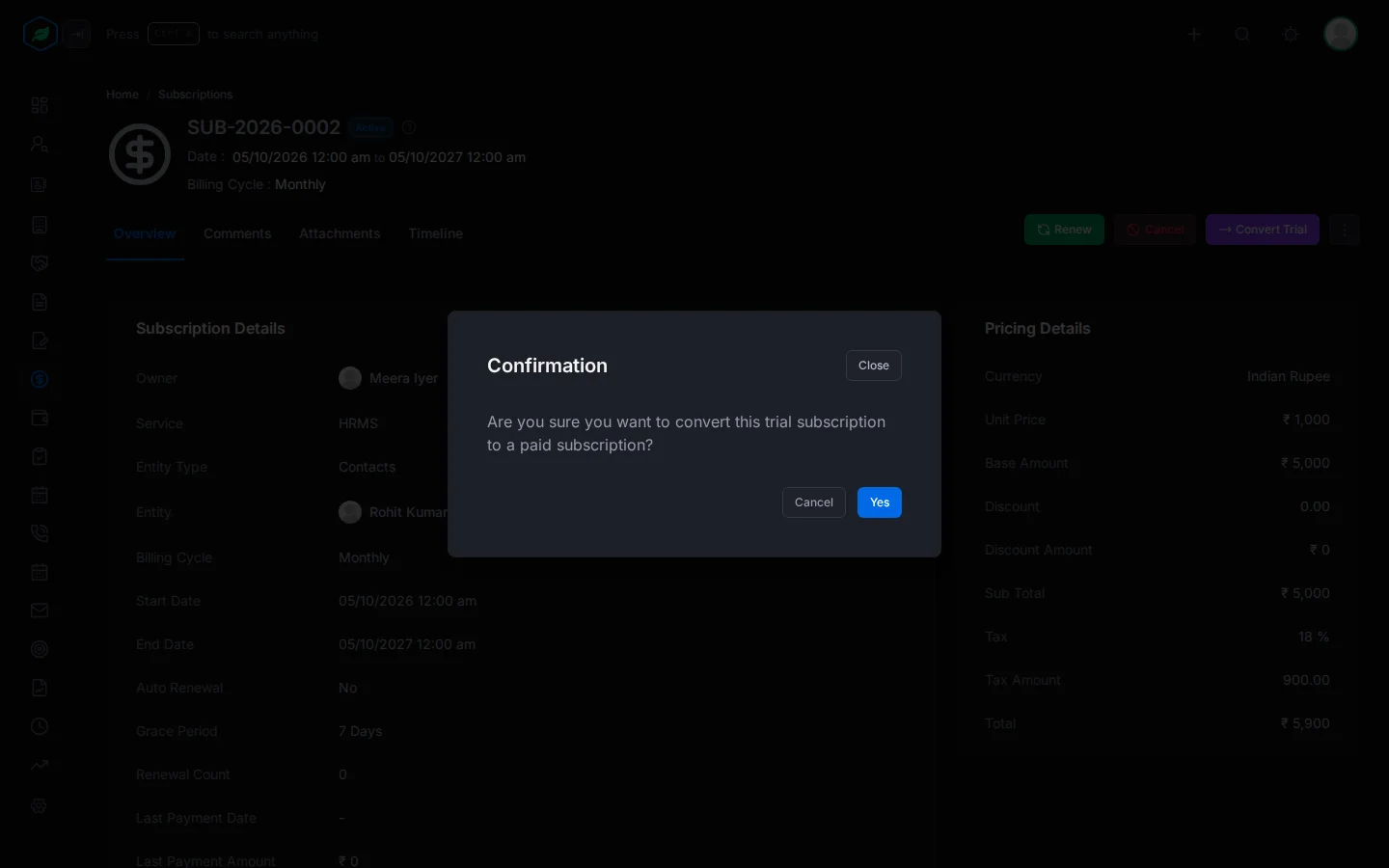 The window asking to confirm converting the trial to a paid subscription, with Cancel and Yes