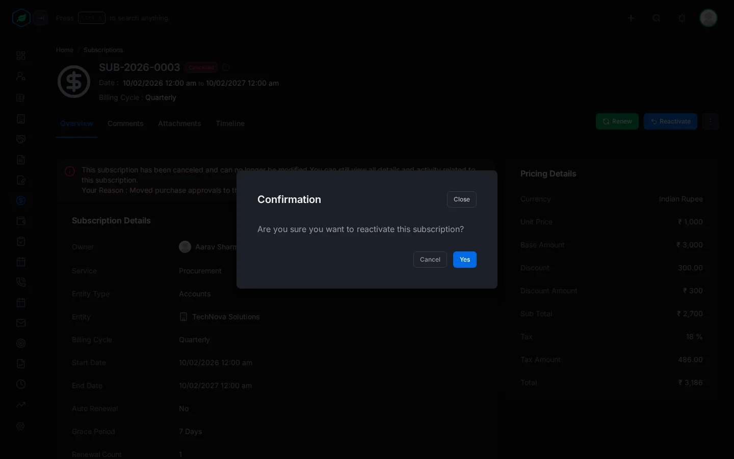 The window asking to confirm reactivating the subscription, with Cancel and Yes
