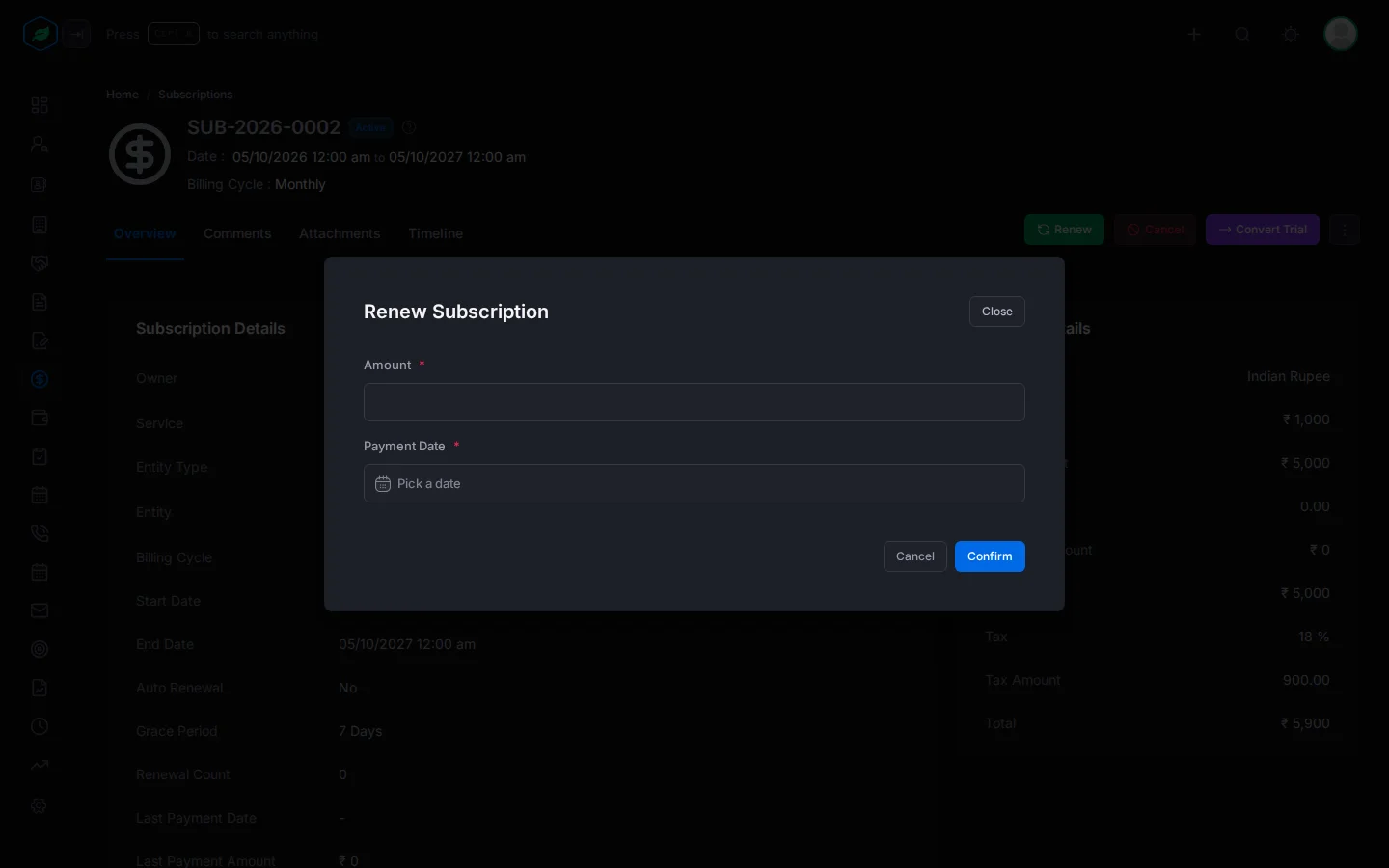 The Renew Subscription window with the Amount and Payment Date fields