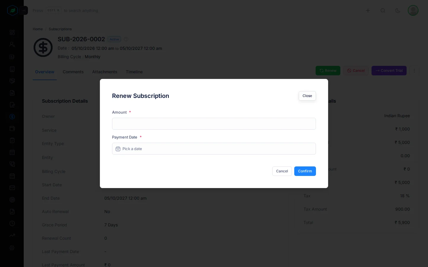 The Renew Subscription window with the Amount and Payment Date fields