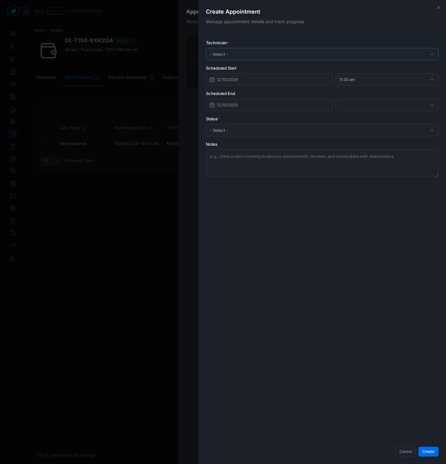 The Create Appointment panel with Technician, Scheduled Start, Scheduled End, Status and Notes