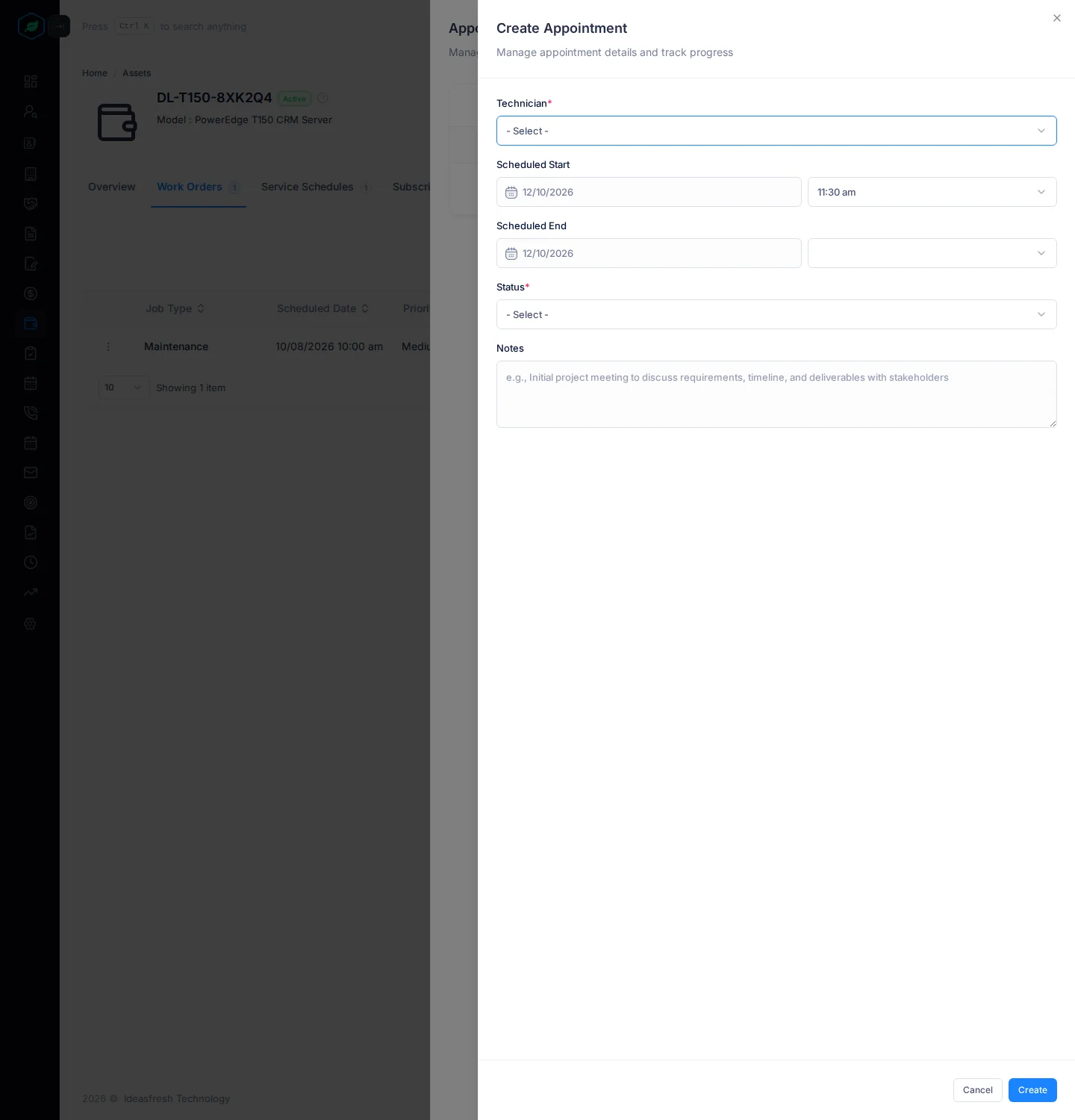 The Create Appointment panel with Technician, Scheduled Start, Scheduled End, Status and Notes