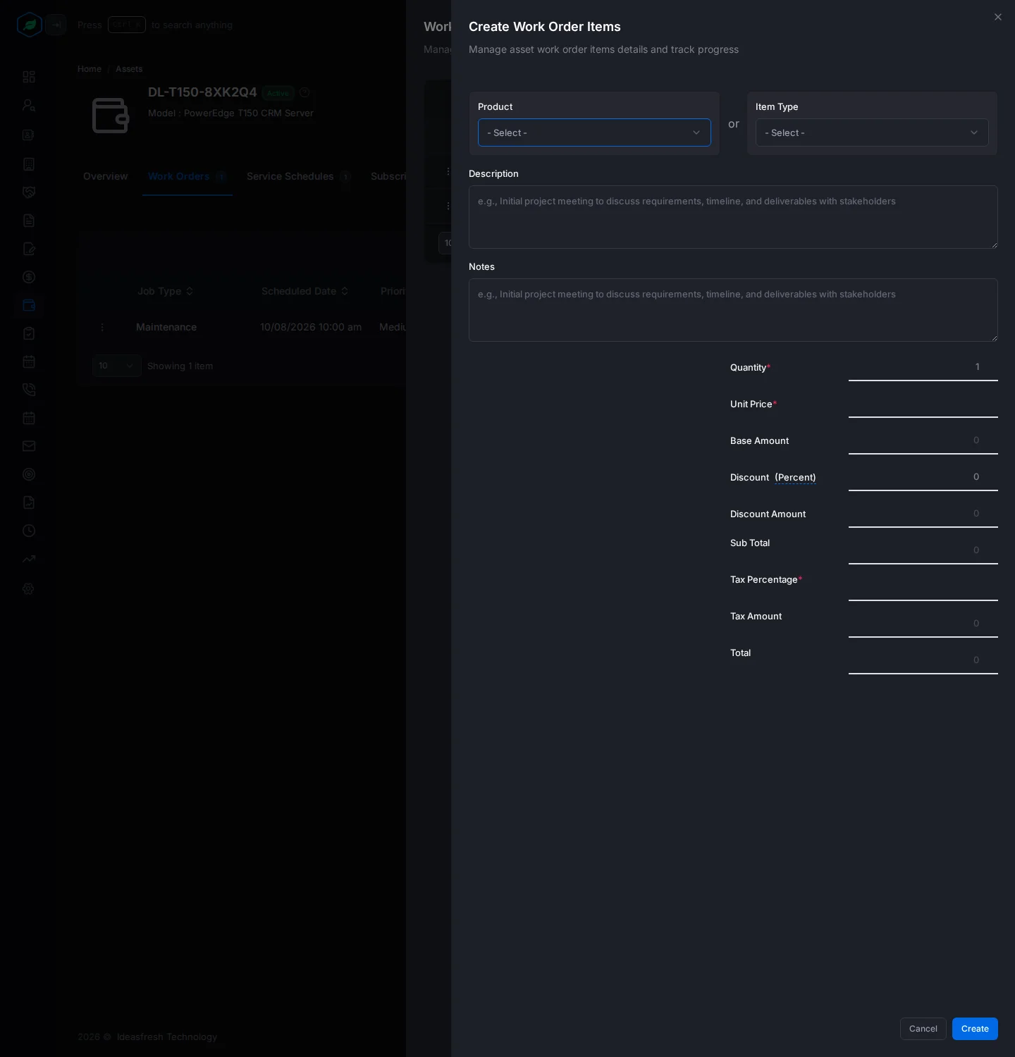 The Create Work Order Items panel with Product or Item Type, Description, Notes, and the amounts