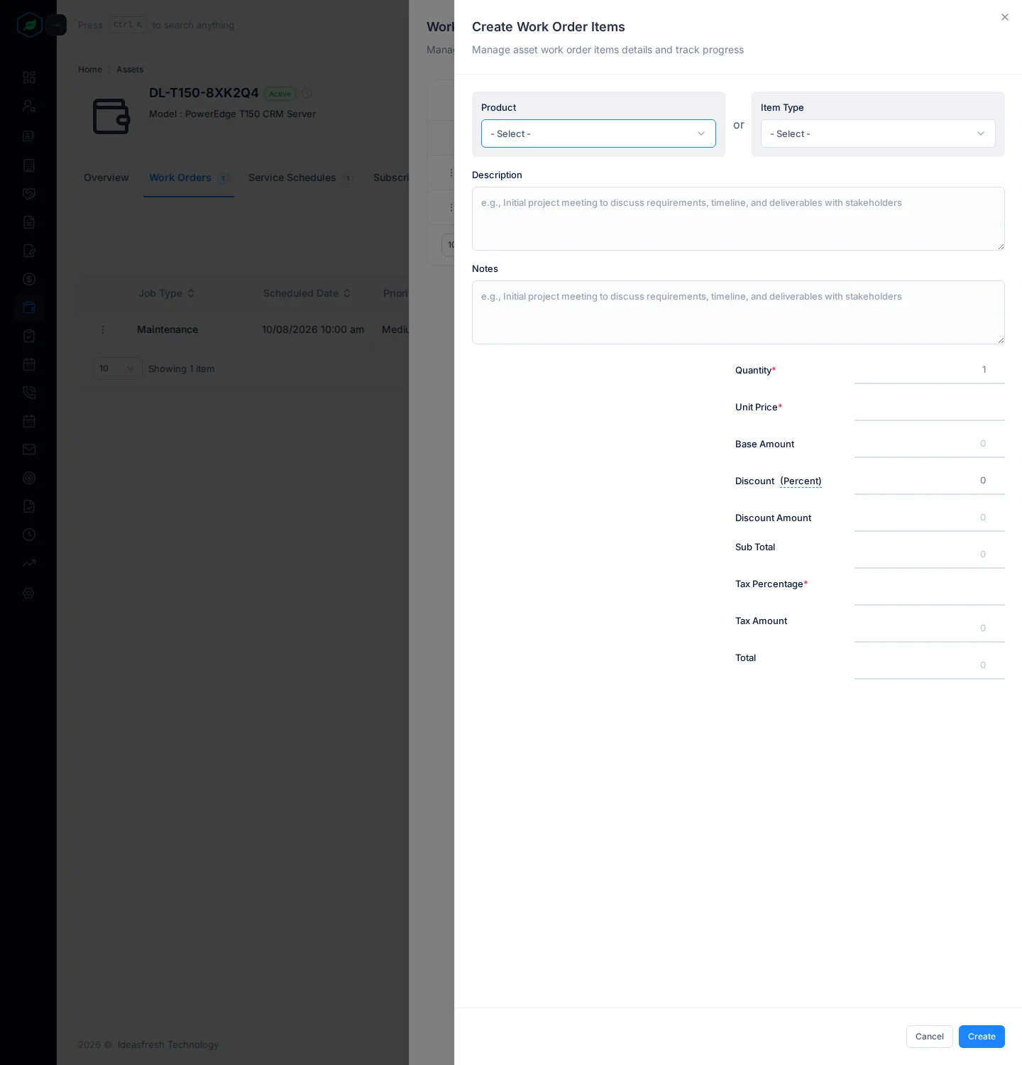 The Create Work Order Items panel with Product or Item Type, Description, Notes, and the amounts