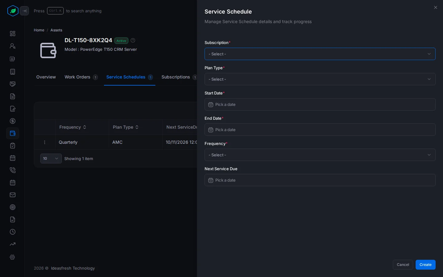 The Service Schedule panel with Subscription, Plan Type, Start Date, End Date, Frequency and Next Service Due