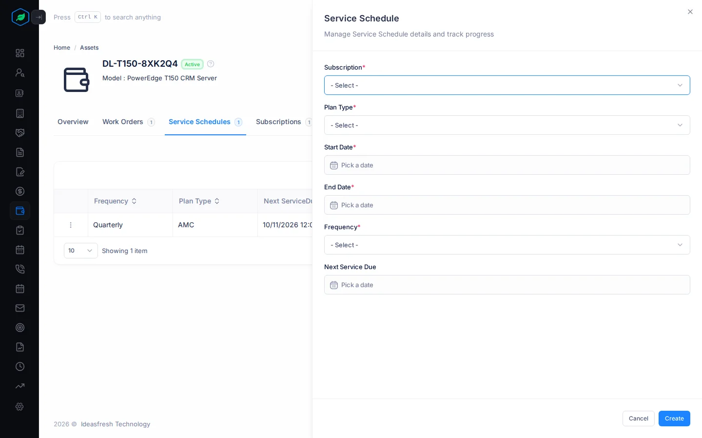 The Service Schedule panel with Subscription, Plan Type, Start Date, End Date, Frequency and Next Service Due