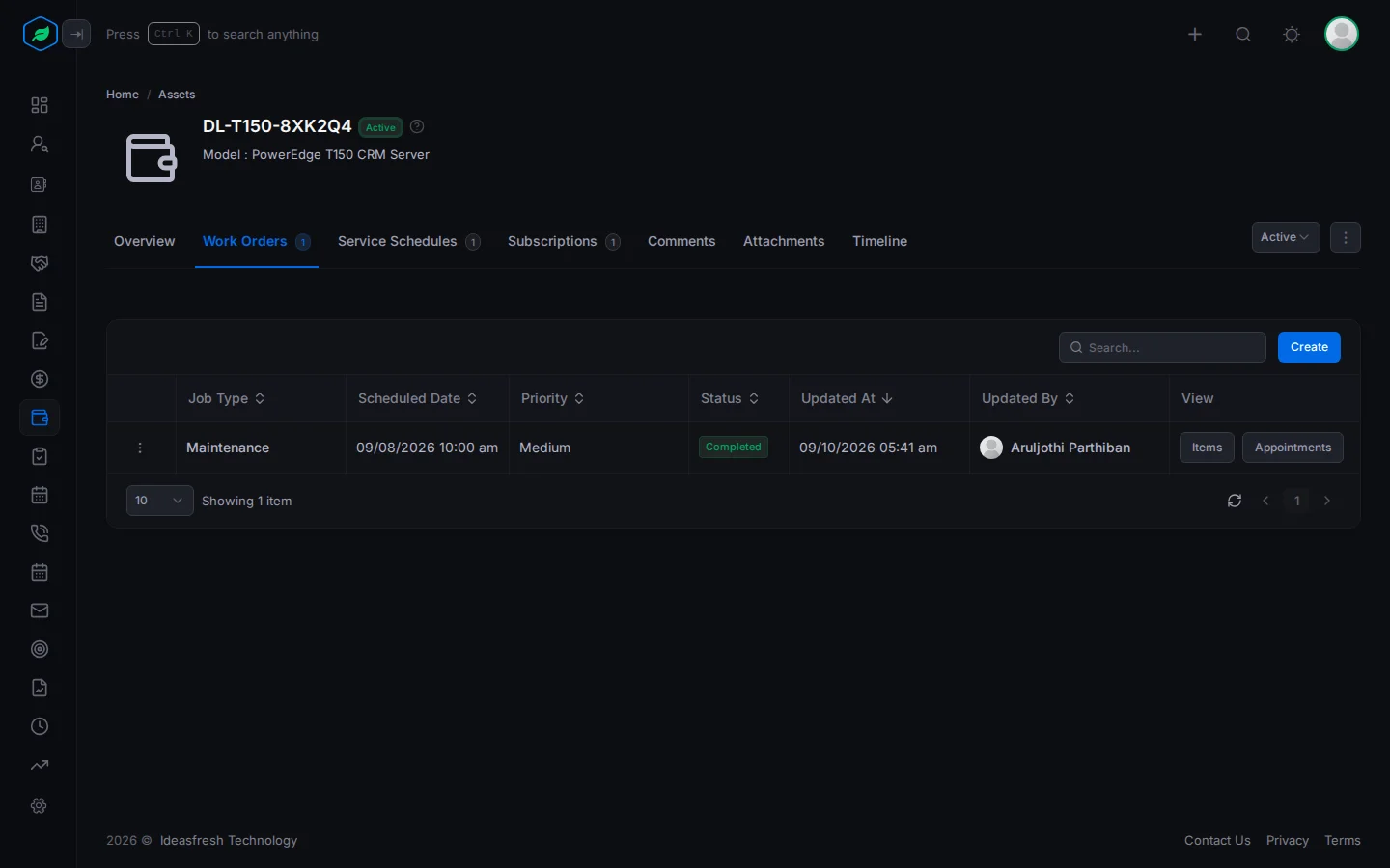 An asset's Work Orders tab with a Maintenance work order and its Items and Appointments buttons