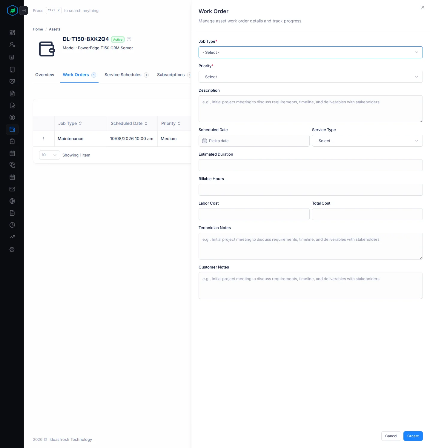 The Work Order panel with Job Type, Priority, Description, the date, service type, duration and costs