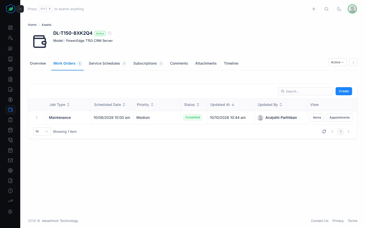 An asset's Work Orders tab with a Maintenance work order and its Items and Appointments buttons