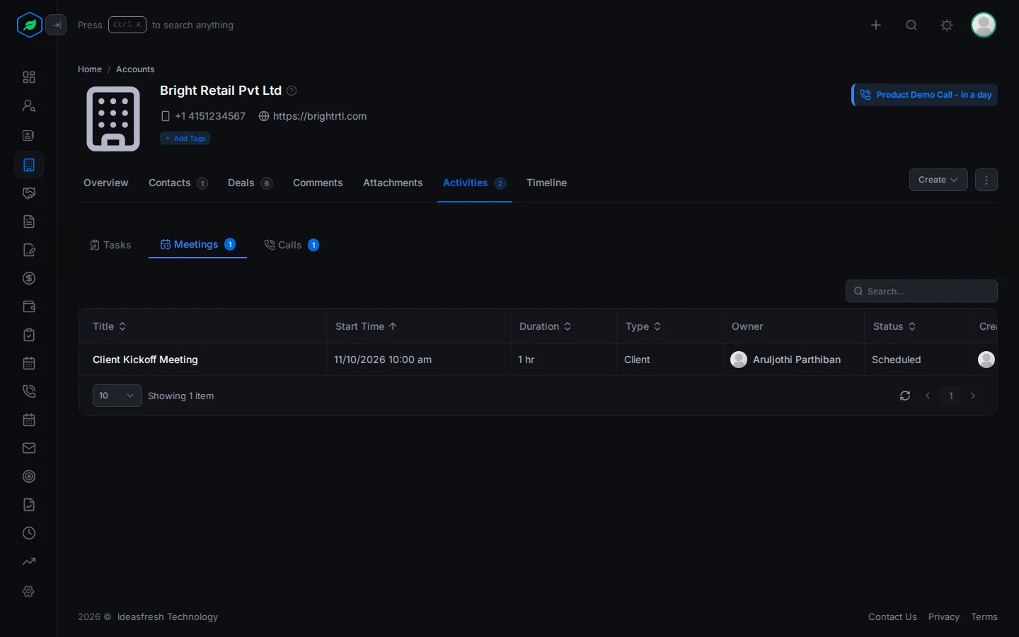 The Activities tab on an account, with Tasks, Meetings and Calls