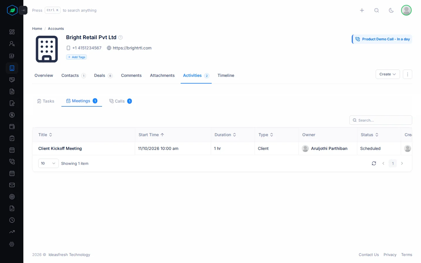 The Activities tab on an account, with Tasks, Meetings and Calls