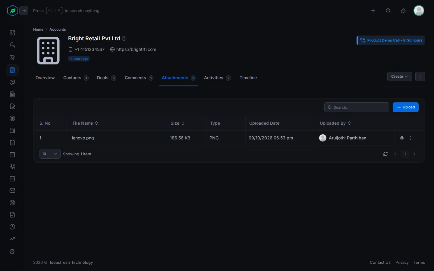 The Attachments tab on an account, with an uploaded file and the Upload button