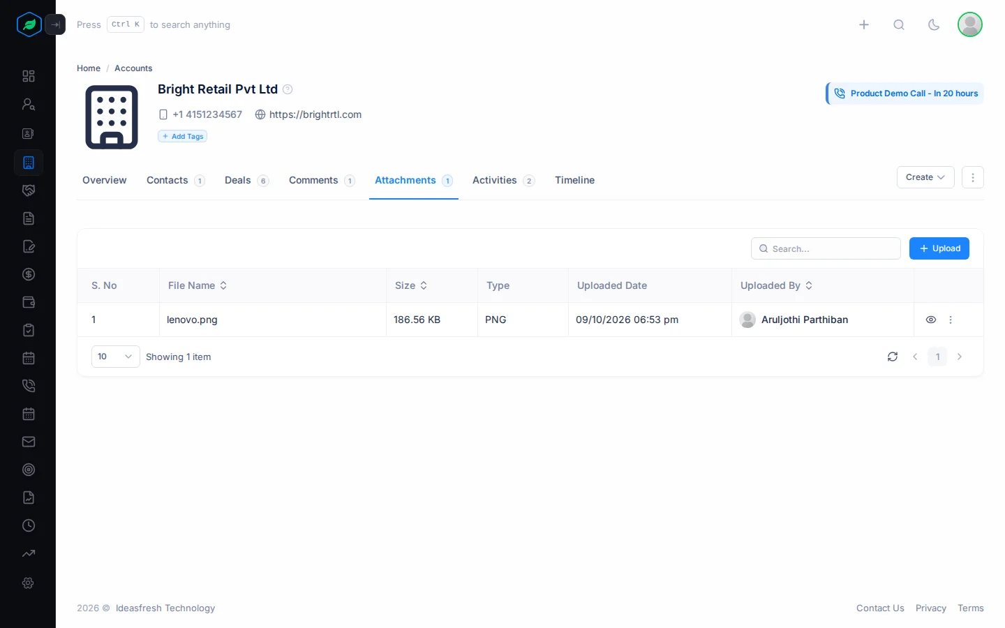 The Attachments tab on an account, with an uploaded file and the Upload button