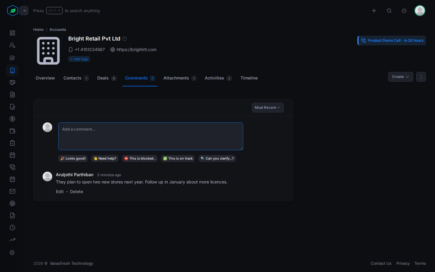 The Comments tab on an account, with a note from the team