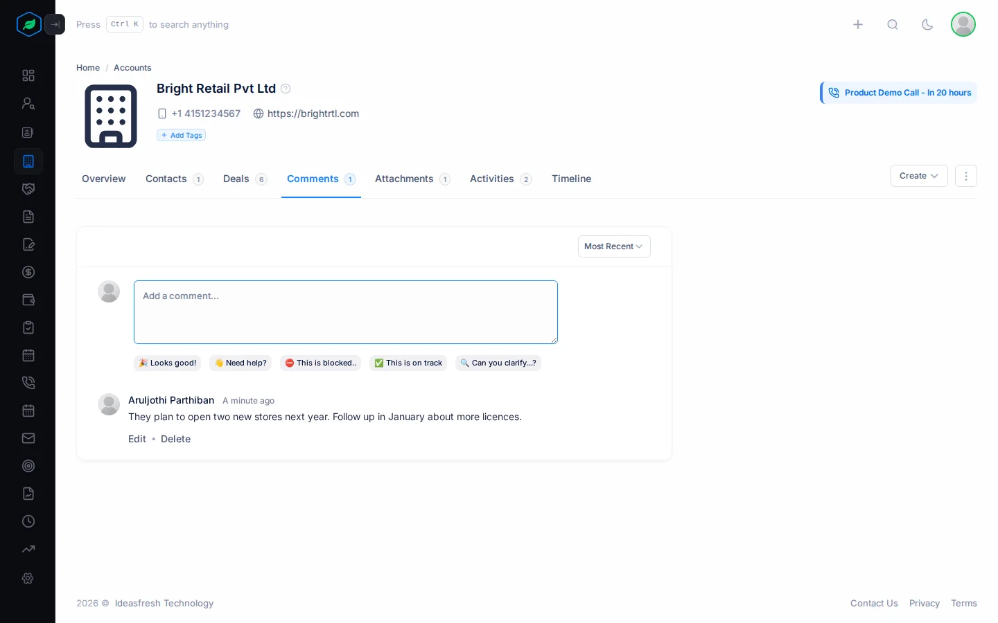The Comments tab on an account, with a note from the team
