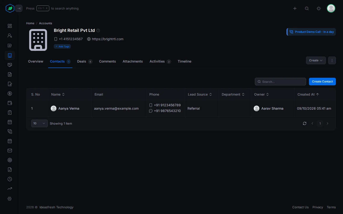 The Contacts tab of an account listing its contacts, with a search box and the Create Contact button