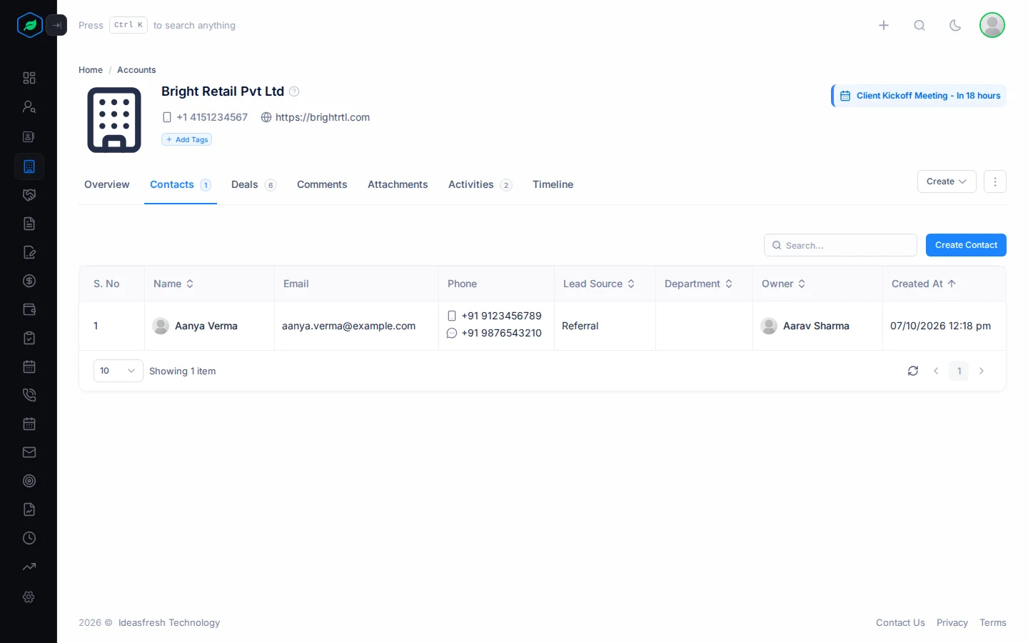 The Contacts tab of an account listing its contacts, with a search box and the Create Contact button