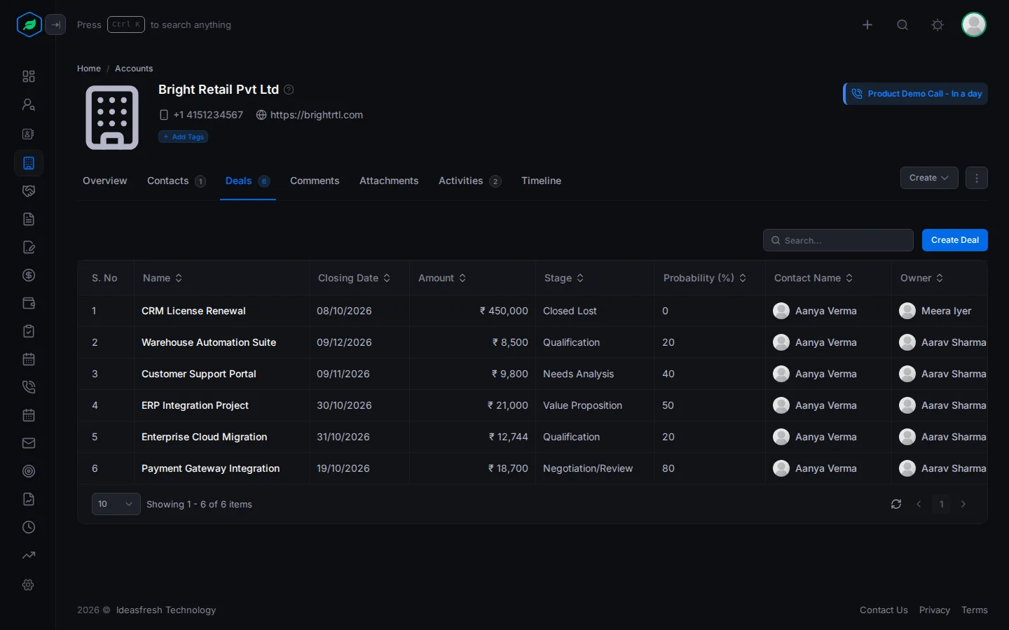 The Deals tab of an account, with each deal's closing date, amount, stage and owner