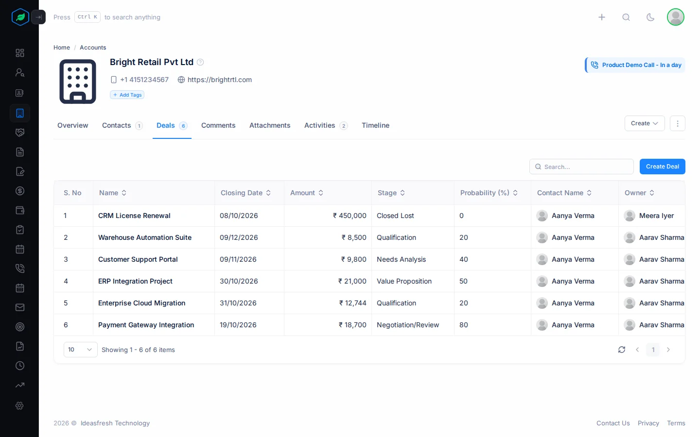 The Deals tab of an account, with each deal's closing date, amount, stage and owner