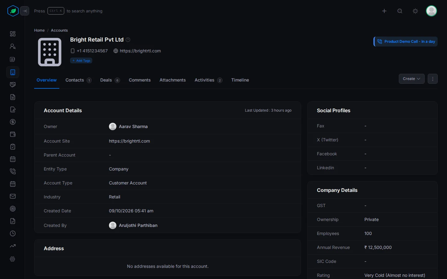 An account's page: header with name, phone and website, the tabs with counts, and the Account Details, Social Profiles and Company Details cards