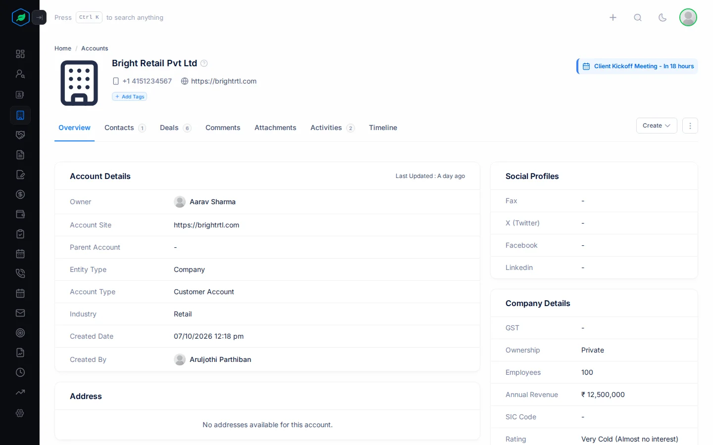 An account's page: header with name, phone and website, the tabs with counts, and the Account Details, Social Profiles and Company Details cards
