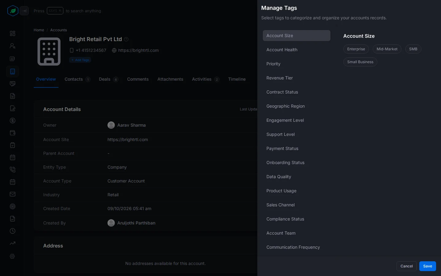The Manage Tags panel open on an account, with tag groups on the left and the Account Size tags on the right