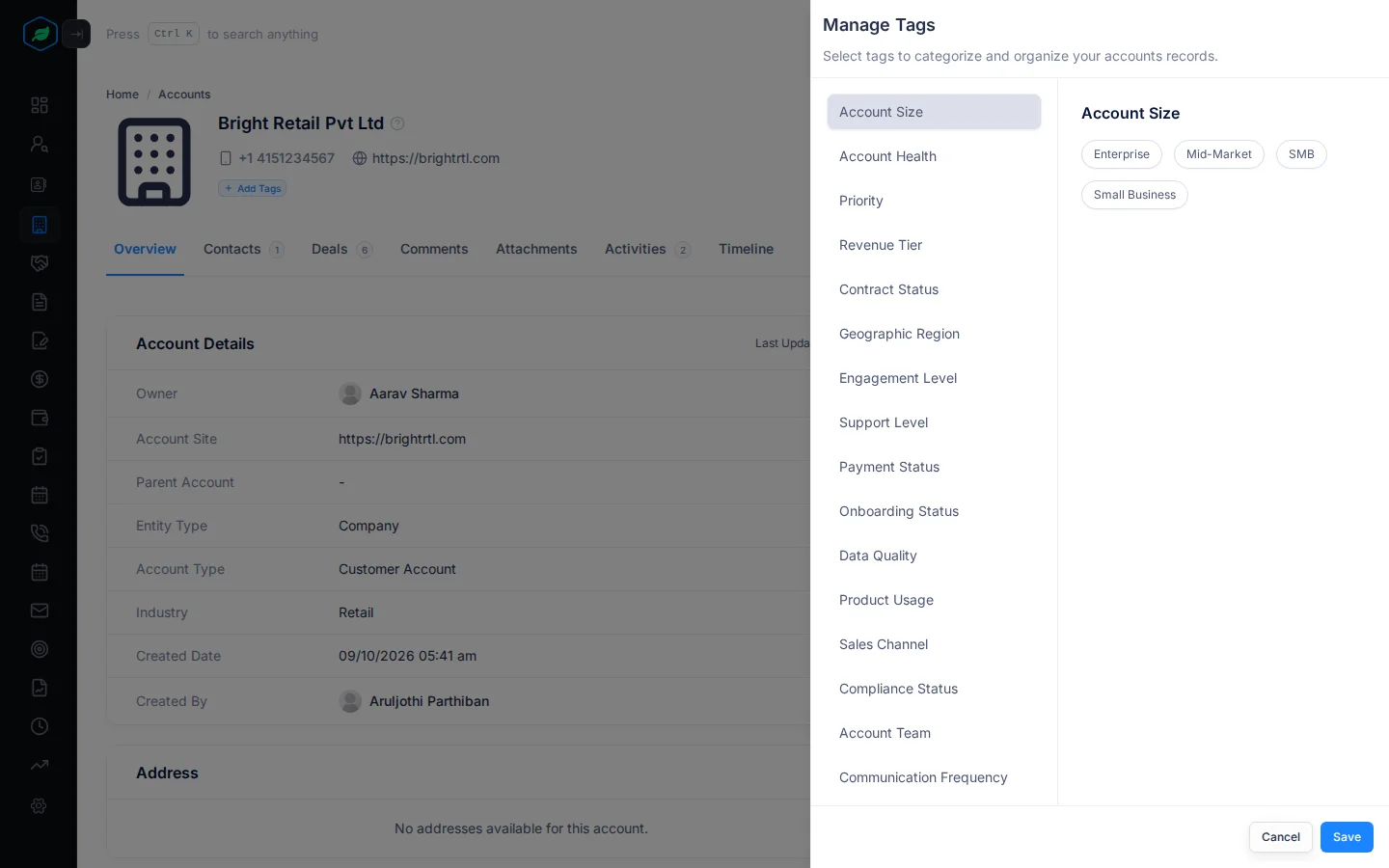 The Manage Tags panel open on an account, with tag groups on the left and the Account Size tags on the right