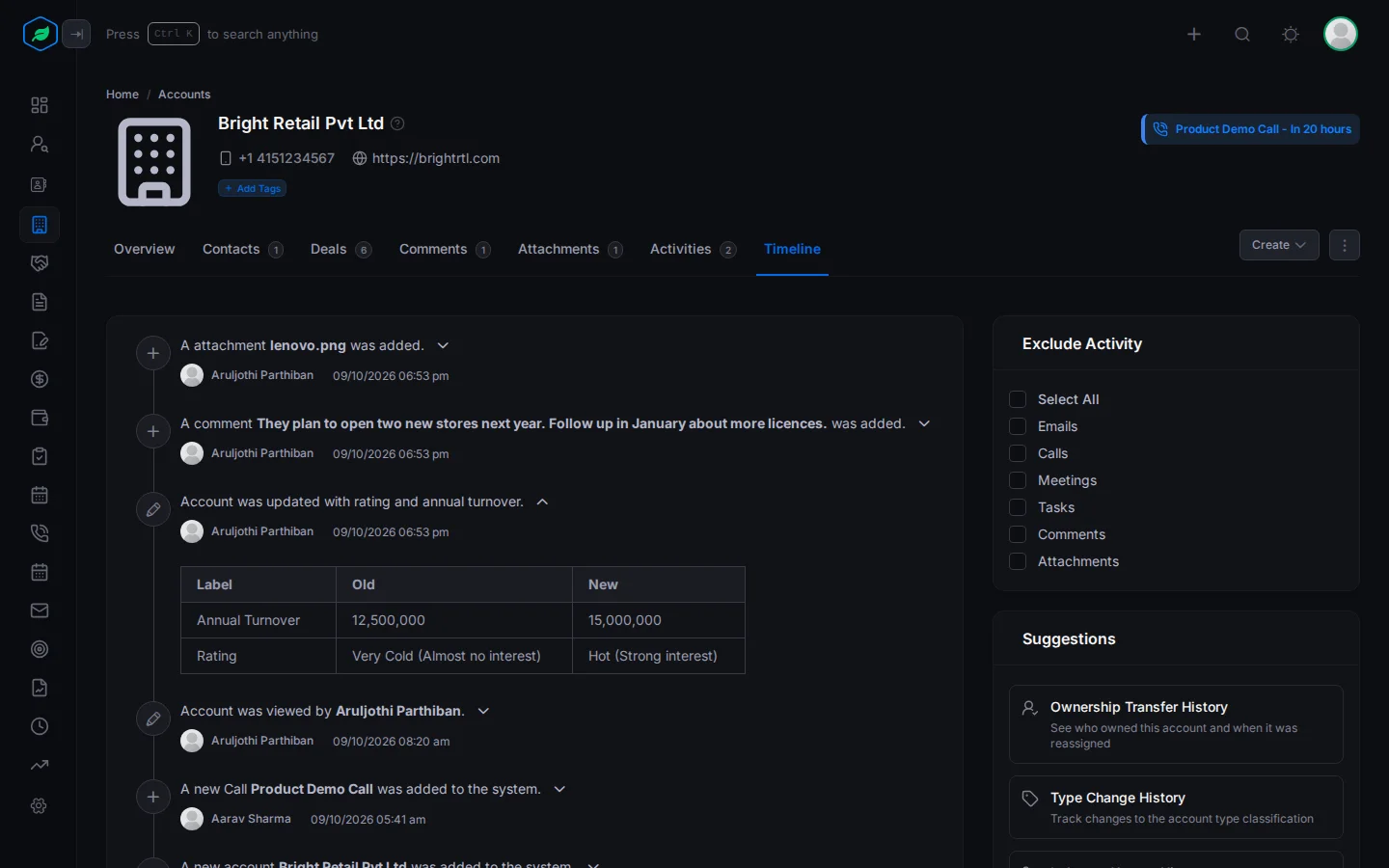 The Timeline tab on an account, with an update entry opened to show the old and new values of Annual Turnover and Rating