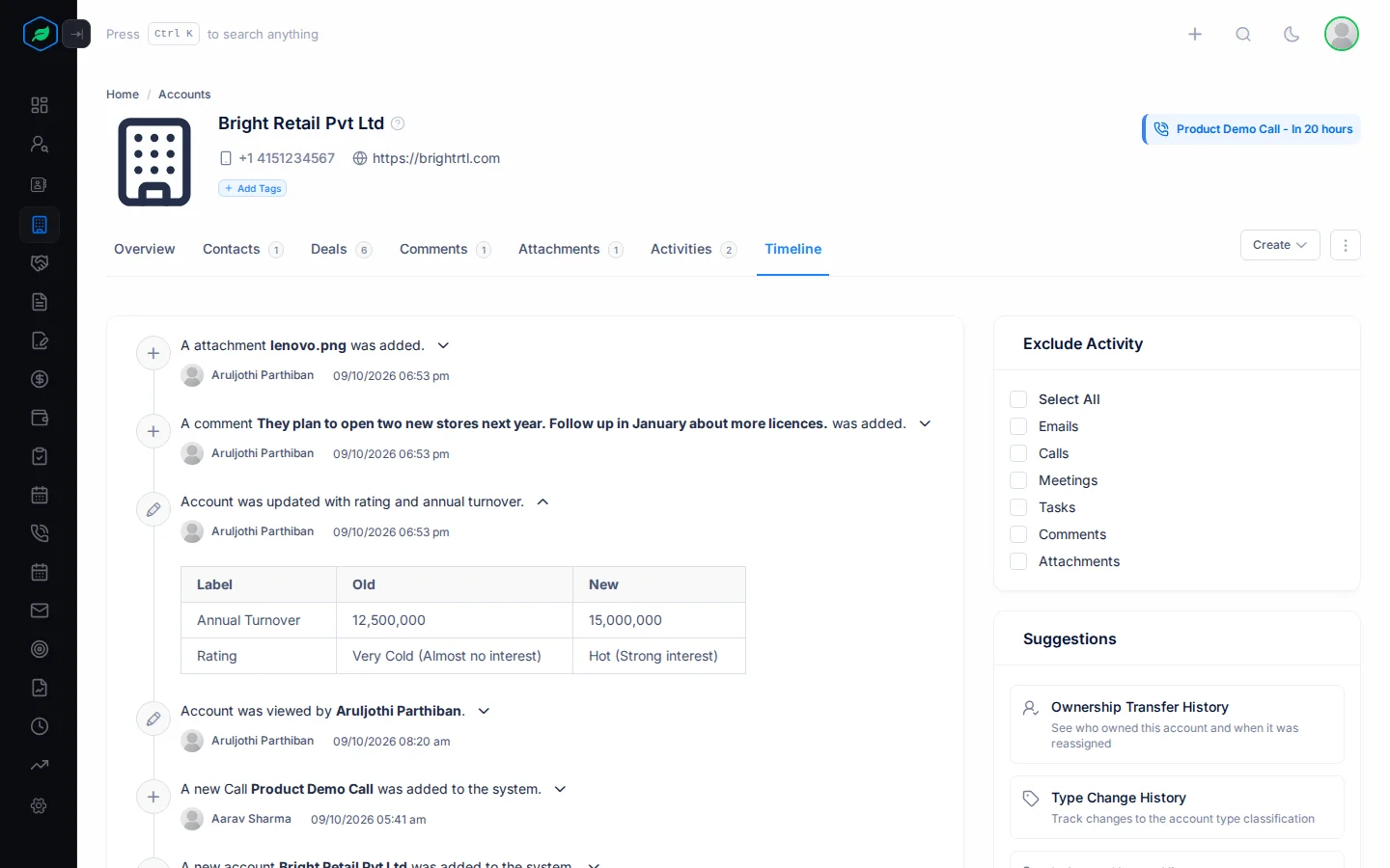 The Timeline tab on an account, with an update entry opened to show the old and new values of Annual Turnover and Rating
