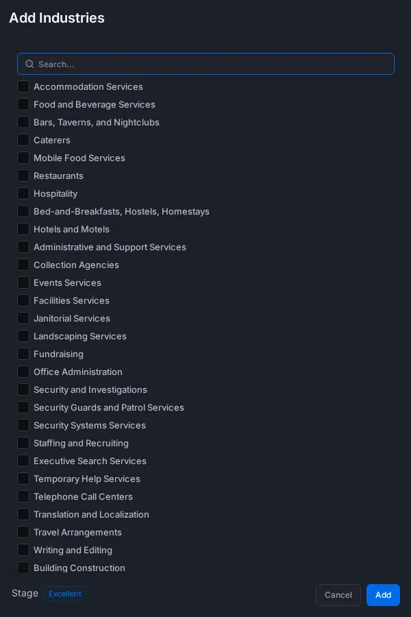 The Add Industries window, with a list of industries to tick