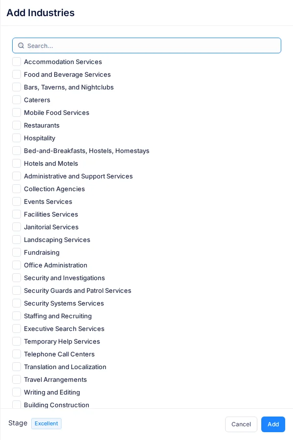 The Add Industries window, with a list of industries to tick