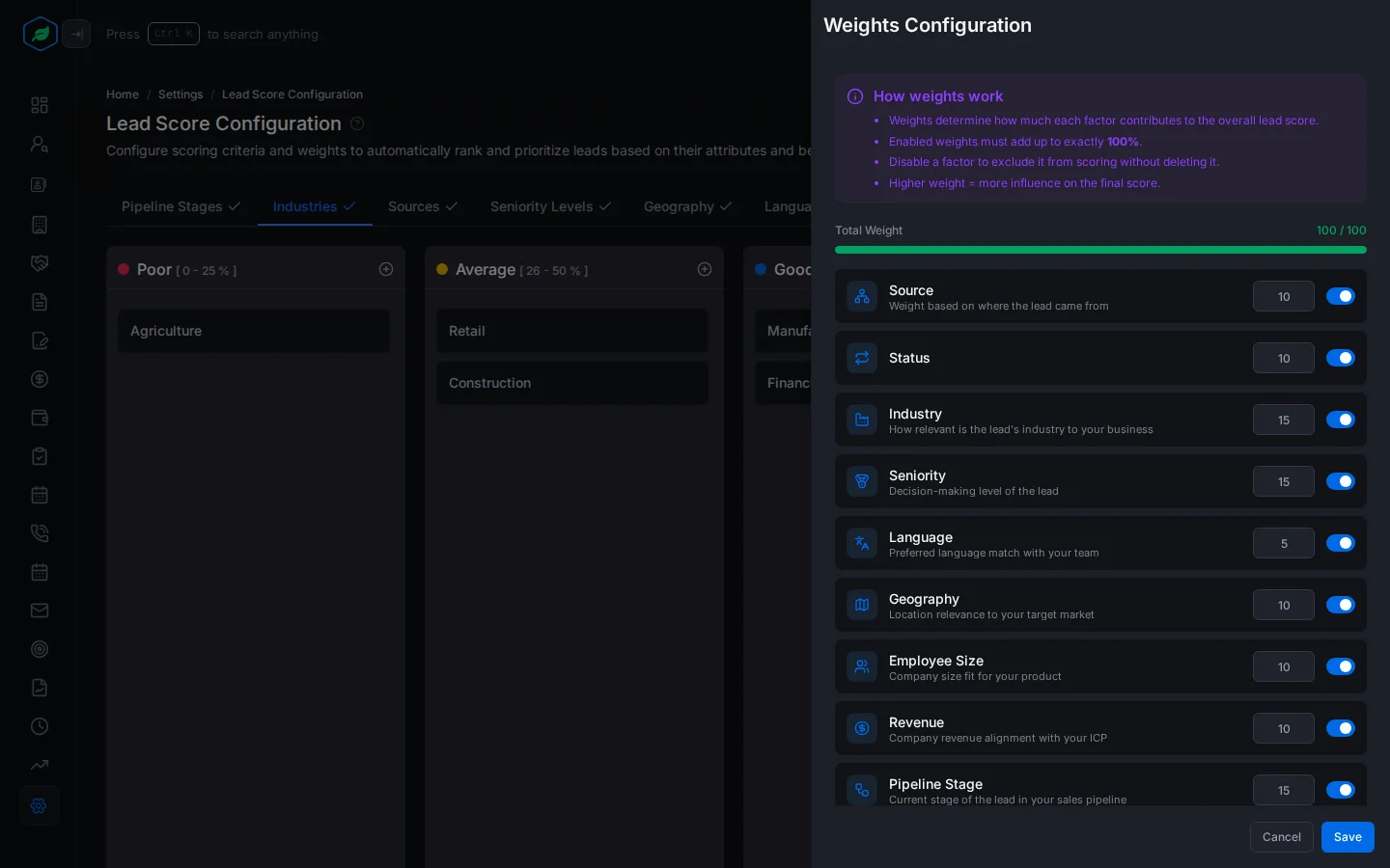 The Weights Configuration panel, with a weight and an on or off switch for each factor, and the Total Weight