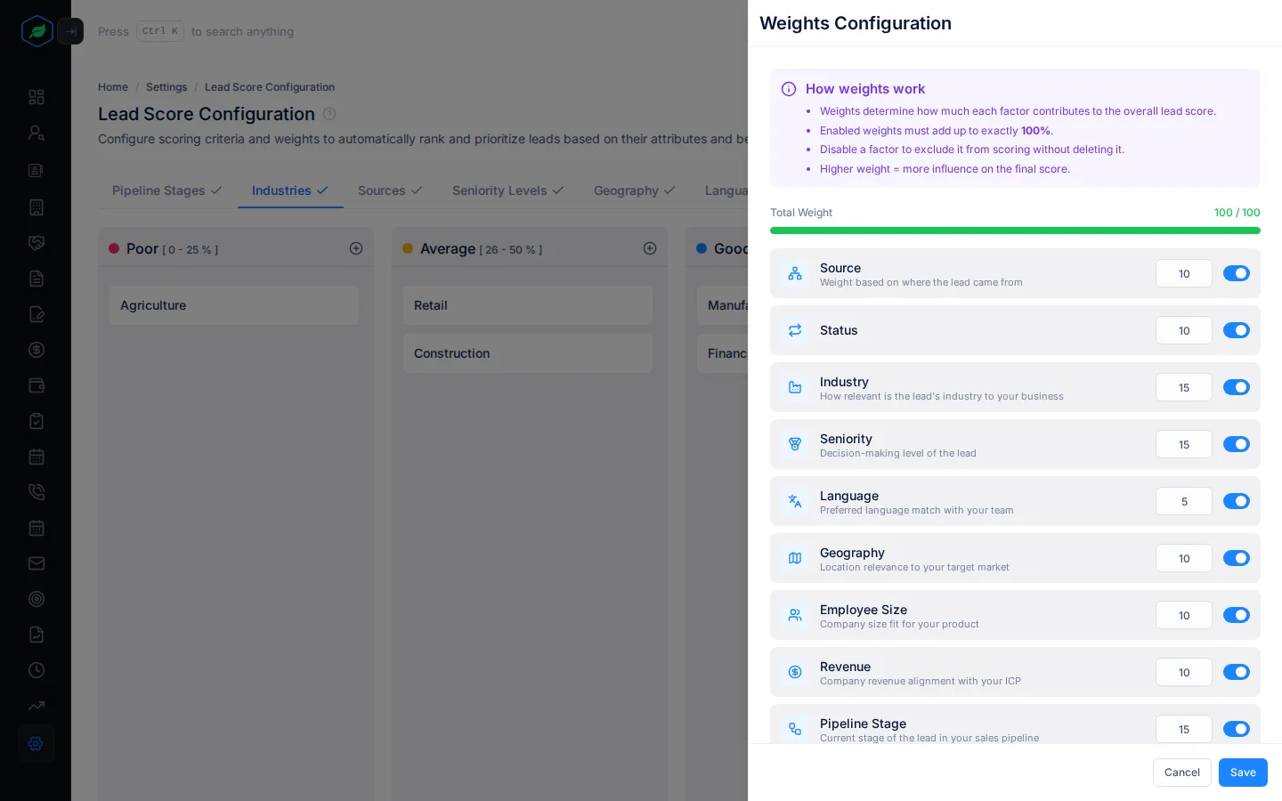 The Weights Configuration panel, with a weight and an on or off switch for each factor, and the Total Weight