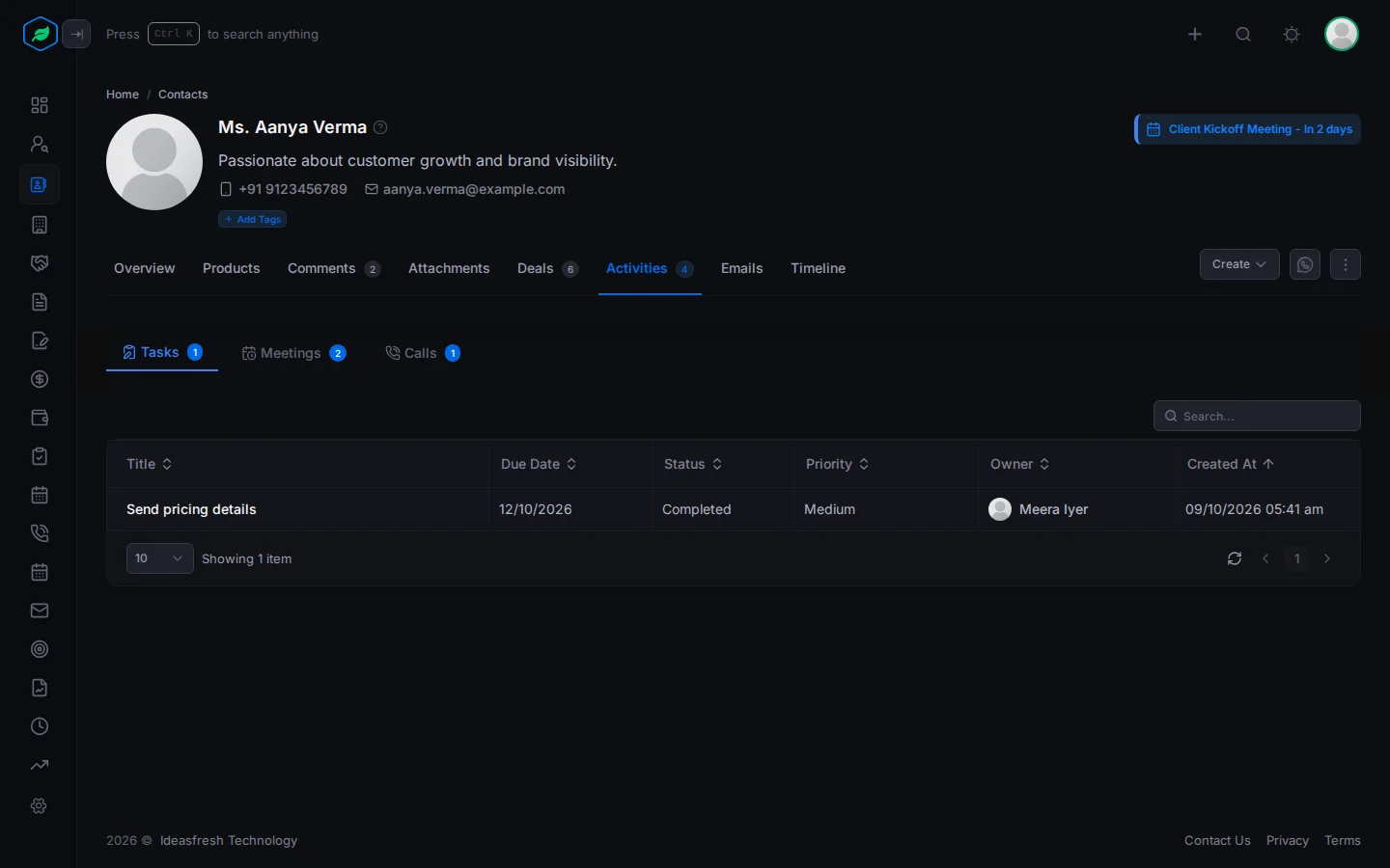 The Activities tab on a contact, with Tasks, Meetings and Calls